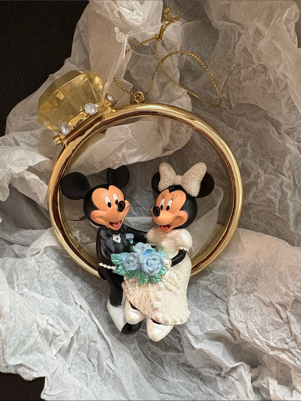 Mickey & Minnie Wedding Ornament - Gold Ring Frame